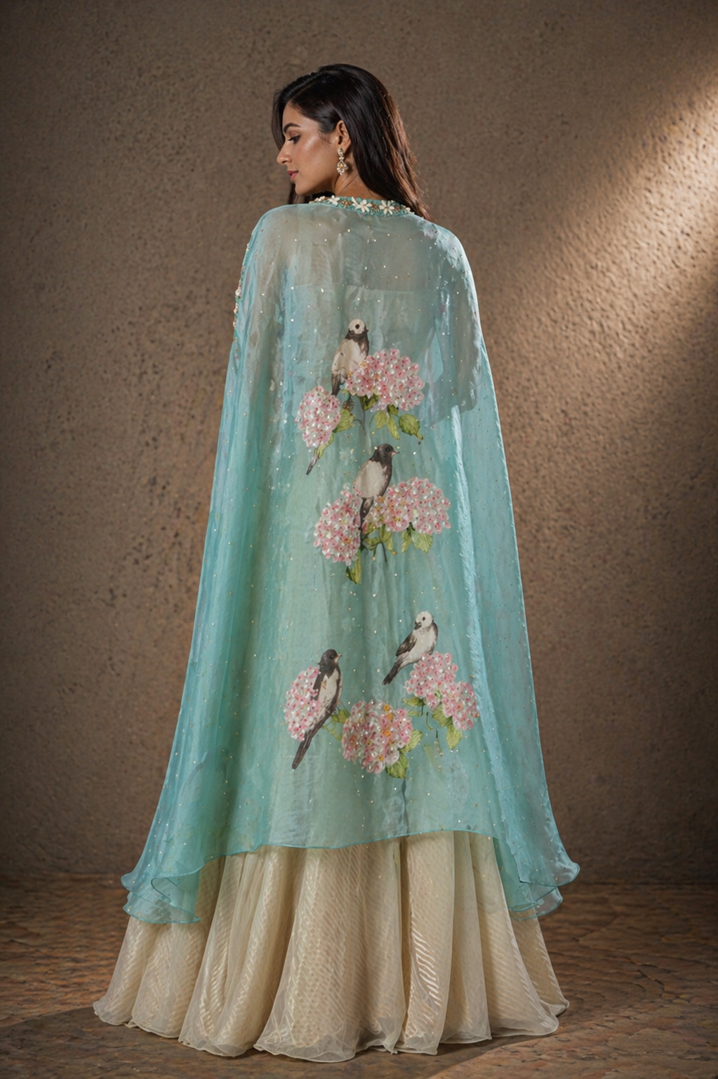 Turquoise Avian Cape & Champagne Fusion Set with 3D Floral Bustier