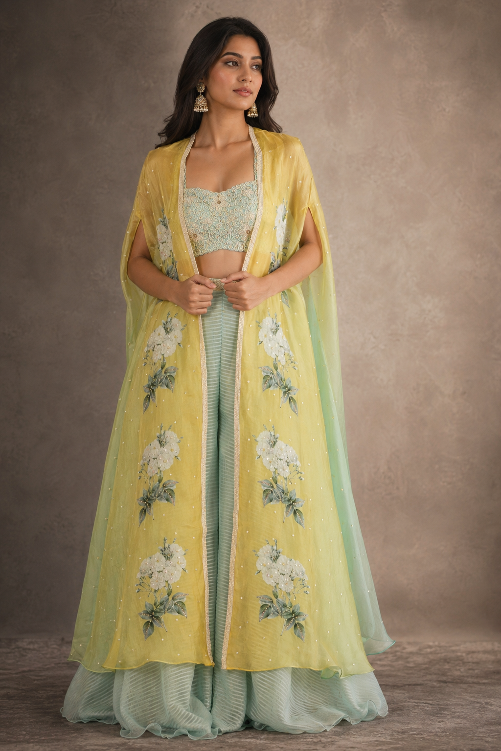 Ombré Citrus Floral Cape & Mint Flared Palazzo Fusion Set