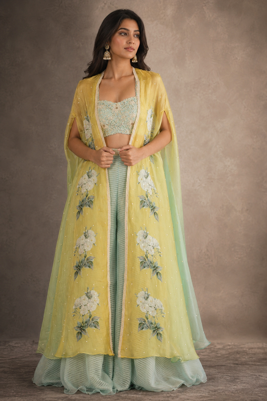 Ombré Citrus Floral Cape & Mint Flared Palazzo Fusion Set