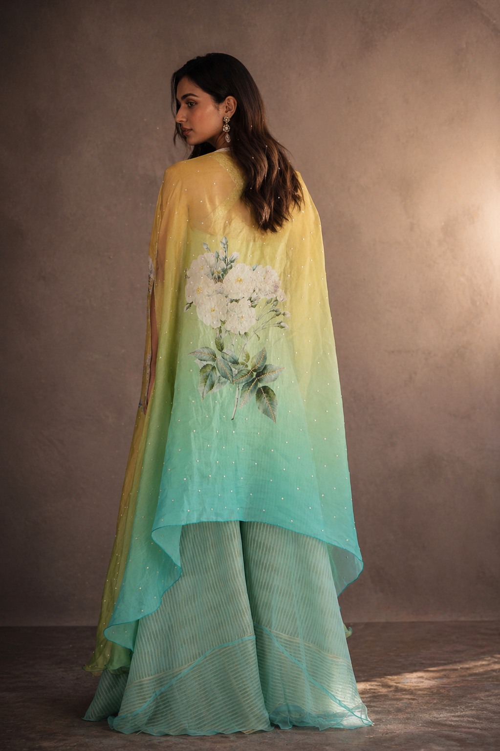 Ombré Citrus Floral Cape & Mint Flared Palazzo Fusion Set