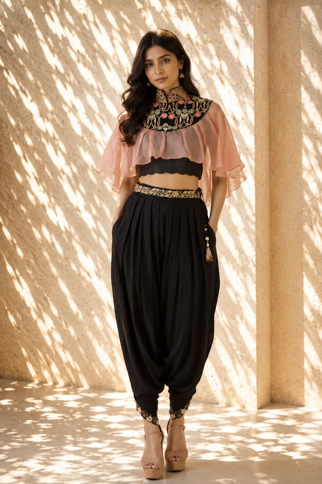 Midnight Black Embroidered Cape & Dhoti Pant Set