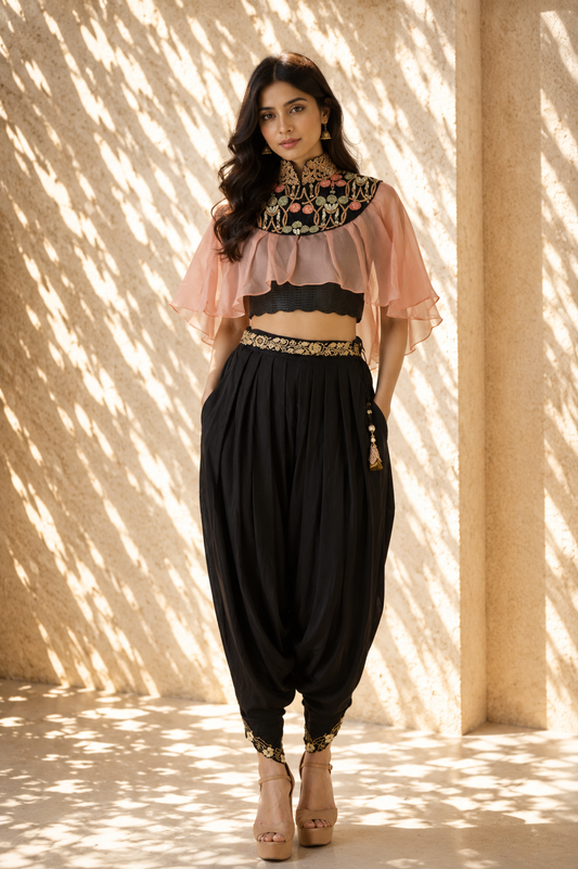 Midnight Black Embroidered Cape & Dhoti Pant Set