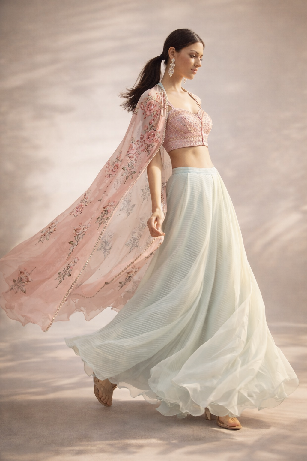 Eco Green Organza Digital Printed Cape Set