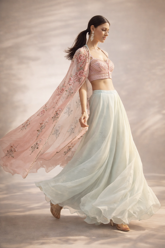Eco Green Organza Digital Printed Cape Set