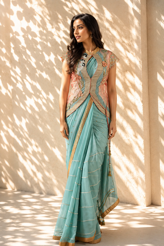 Seafoam Blue Saree with Bird Motif Embroidered Waistcoat