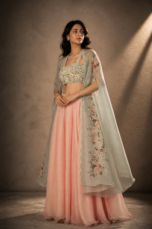 Blush Pink Embroidered Palazzo Pant Set With Cape