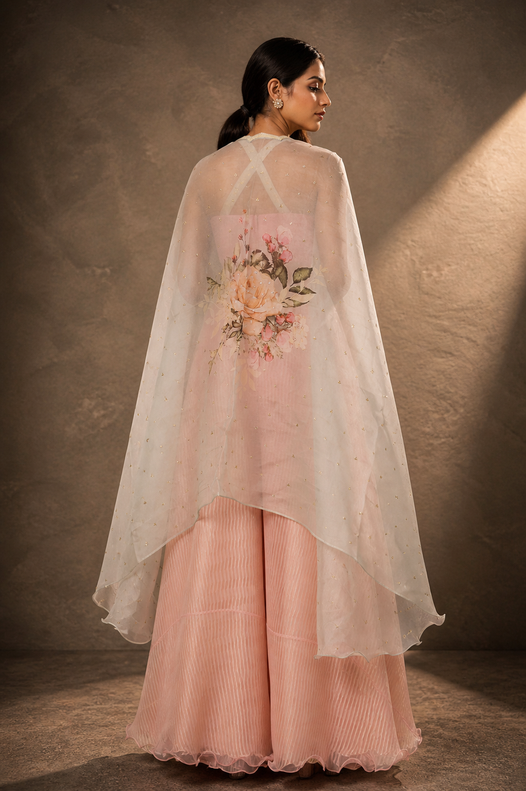 Blush Pink Embroidered Palazzo Pant Set With Cape