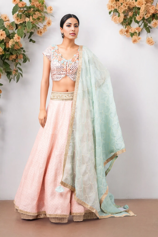 MIRROR EMBROIDERY BLOUSE WITH PERAL WORK RAW SILK GAJARI LEHENGA