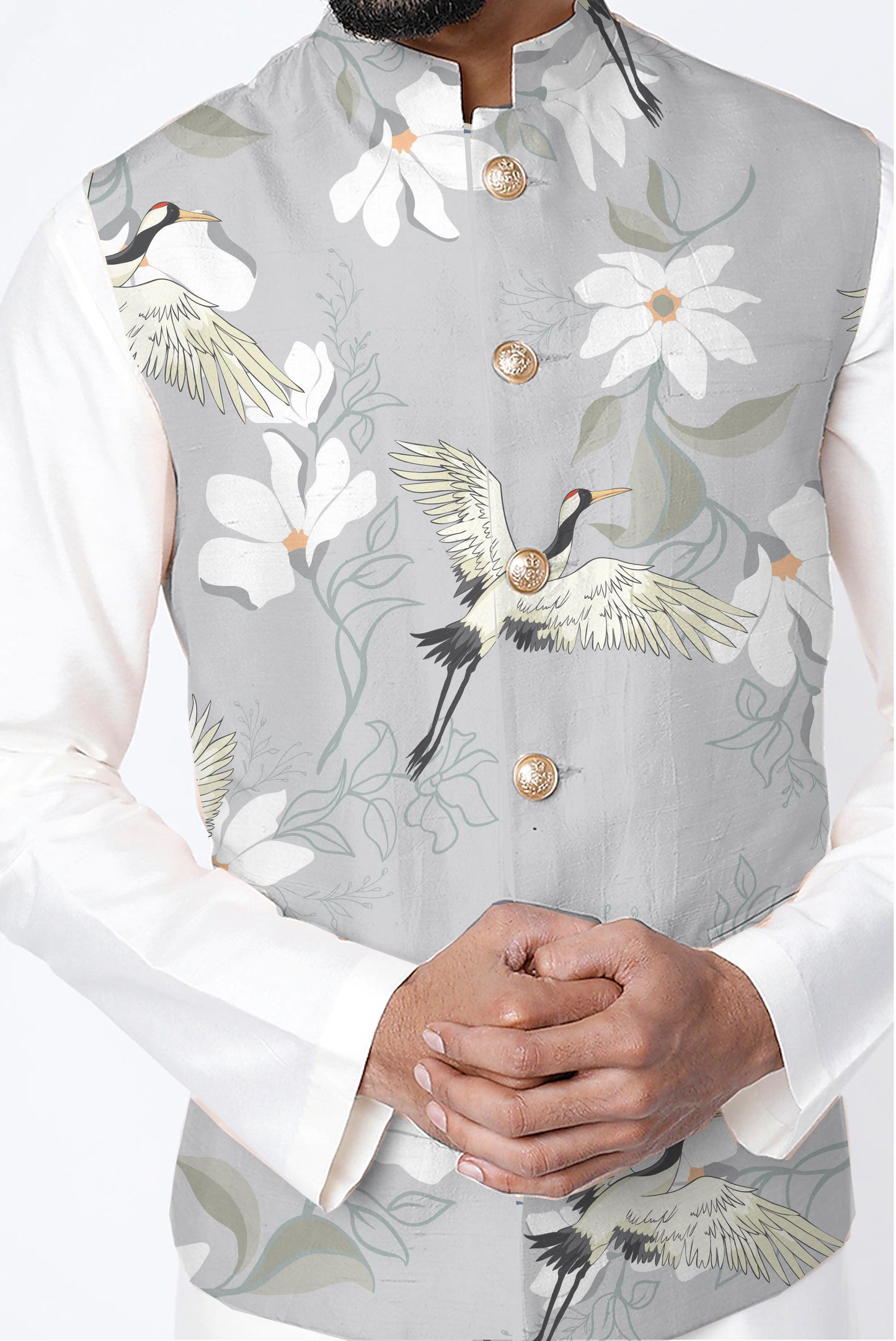 Printed Raw Silk Nehru Jacket