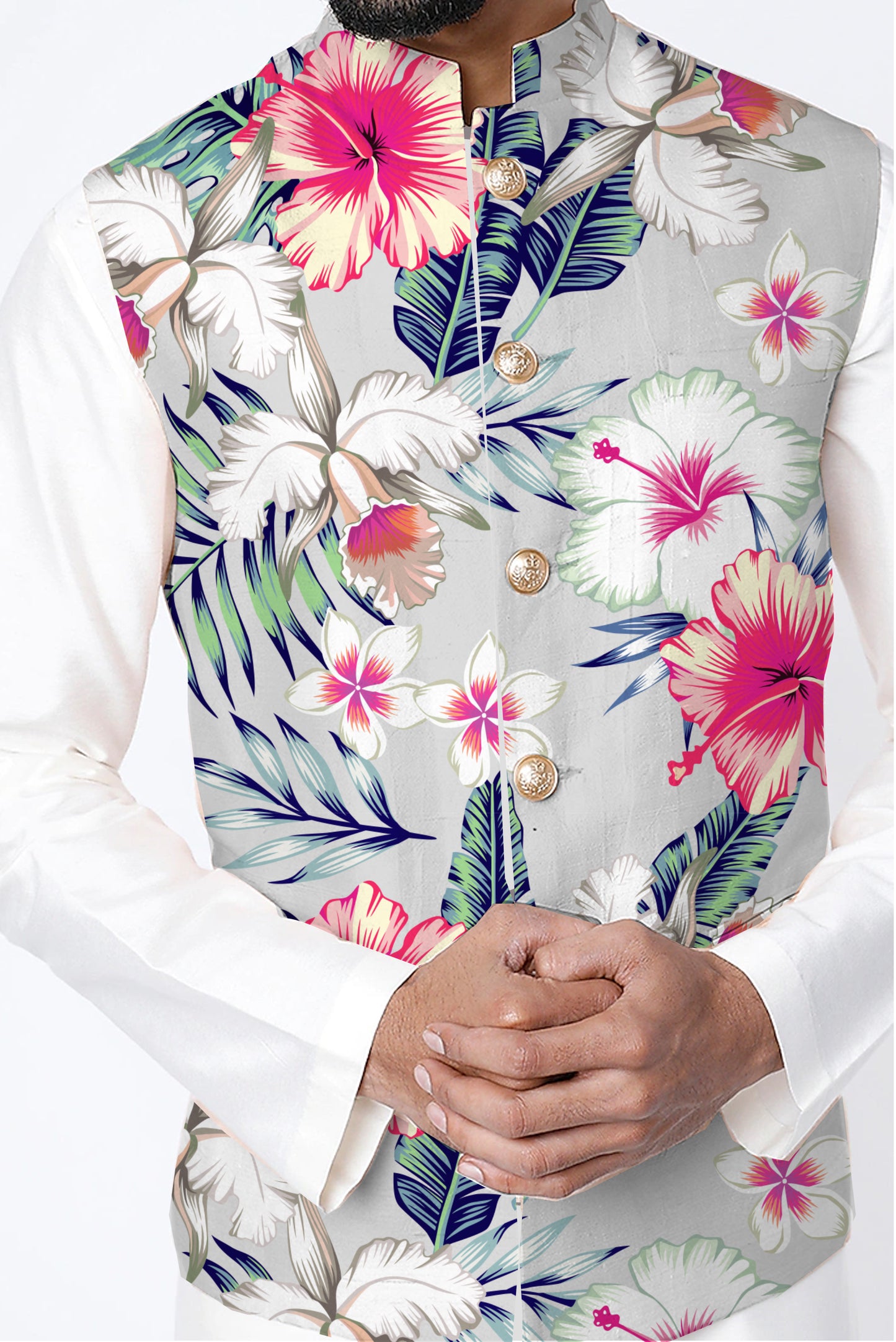 Printed Raw Silk Nehru Jacket