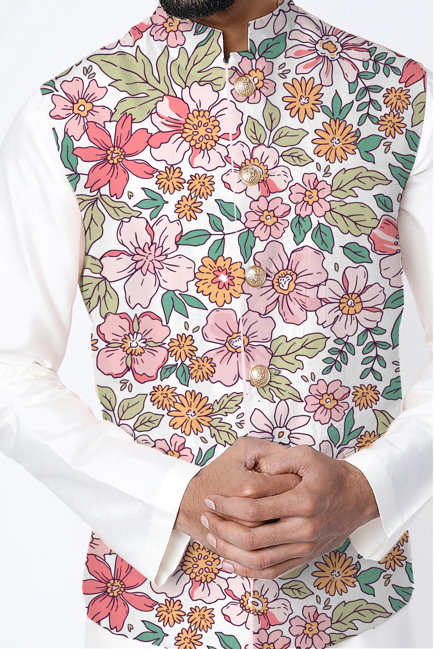 Printed Raw Silk Nehru Jacket