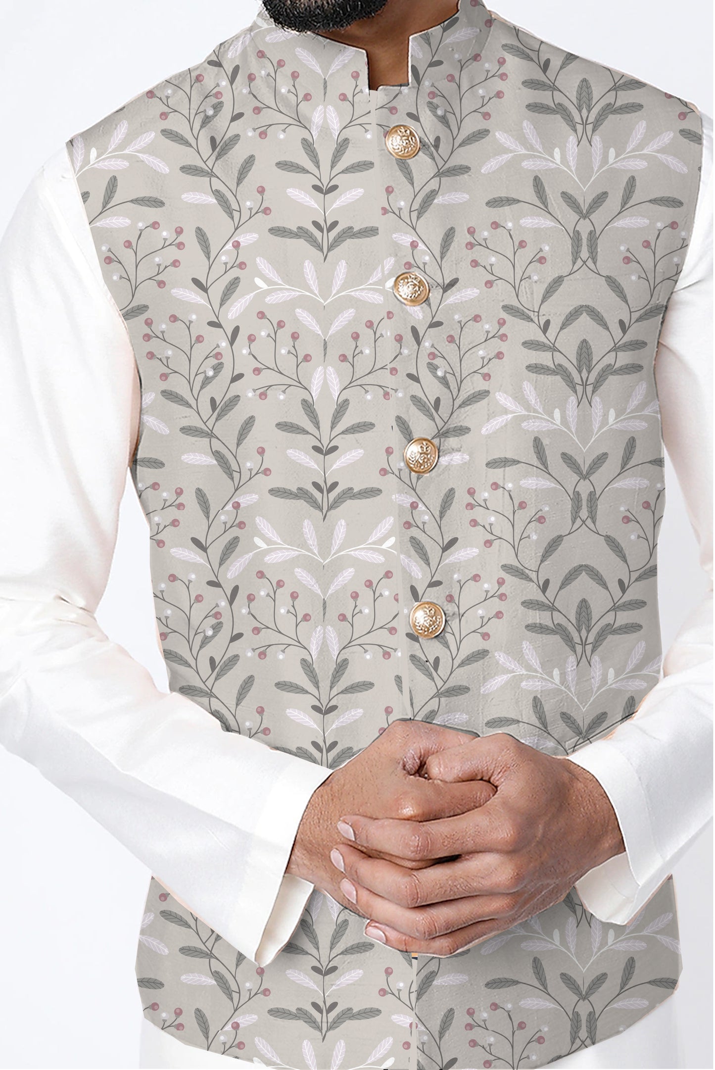 Printed Raw Silk Nehru Jacket