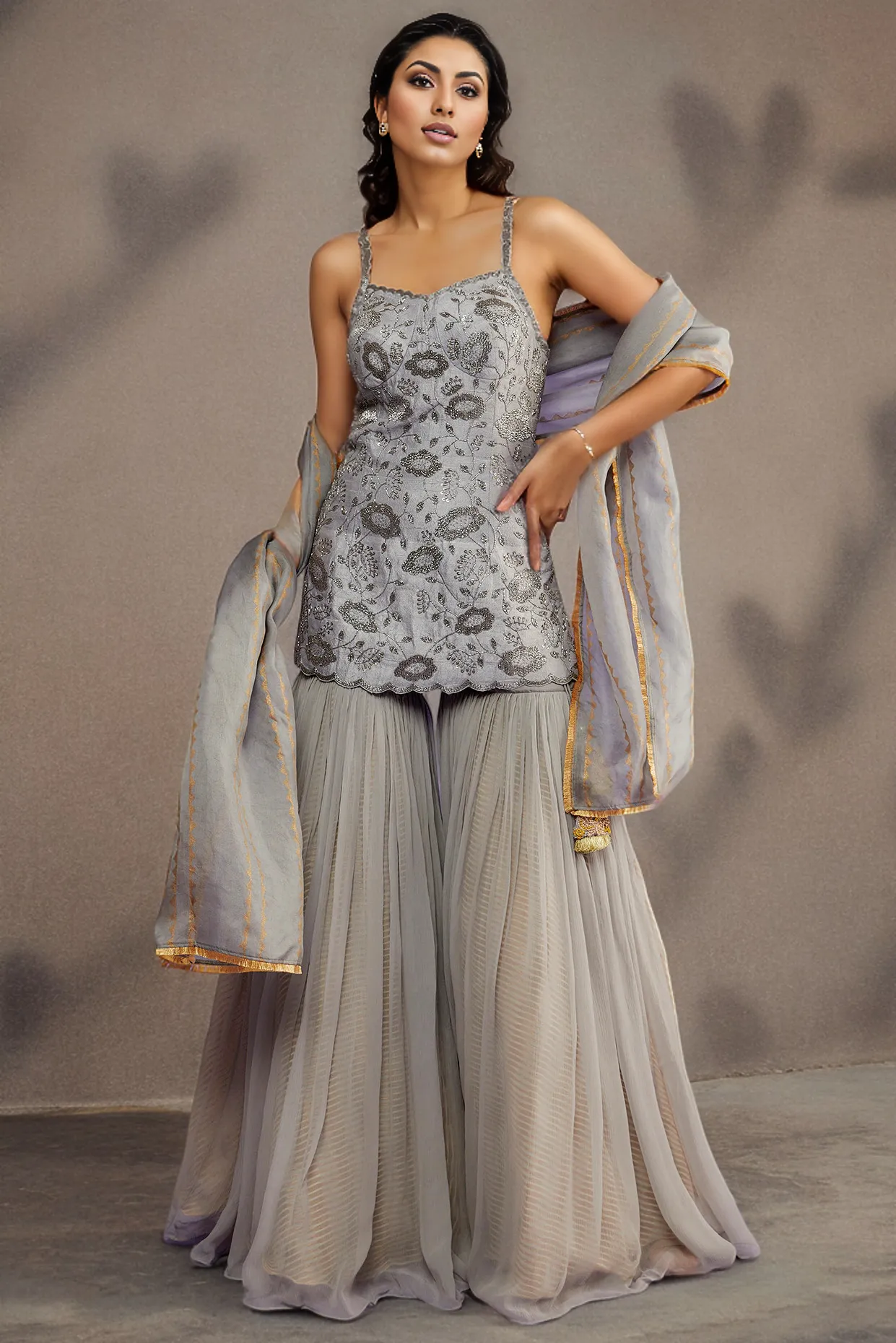 Grey Raw Silk & Chiffon Gharara Set