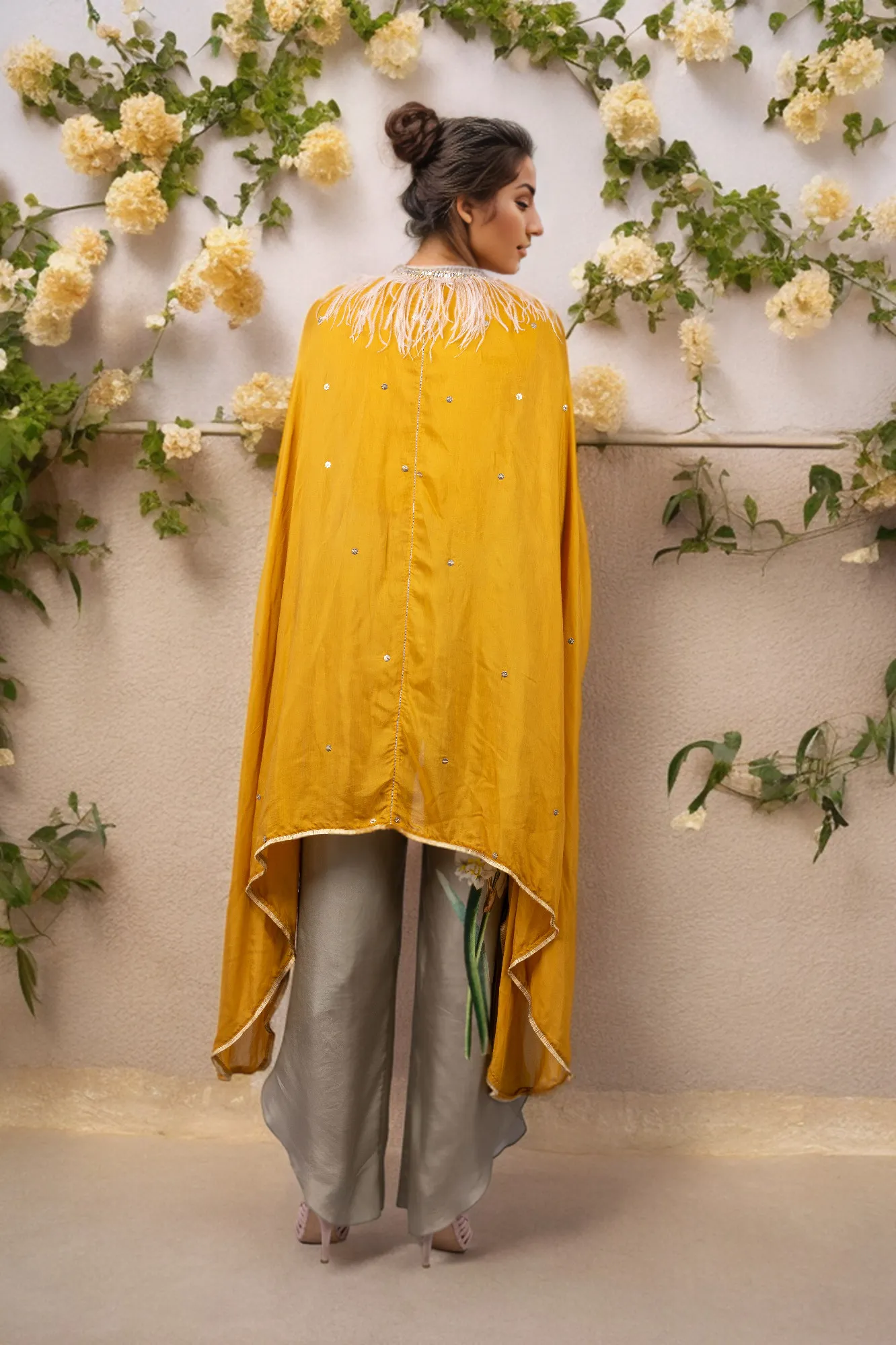 STAR MOON EMBROIDERED CAPE WITH RAW SILK CROPTOP
