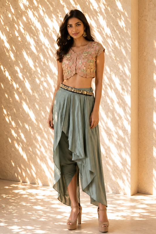 Blush Pink Embroidered Crop Top & Sage Dhoti Skirt Set