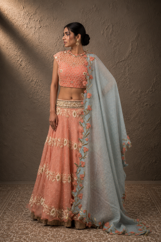 The Peach Honeycomb & Mint Vine Lehenga Set
