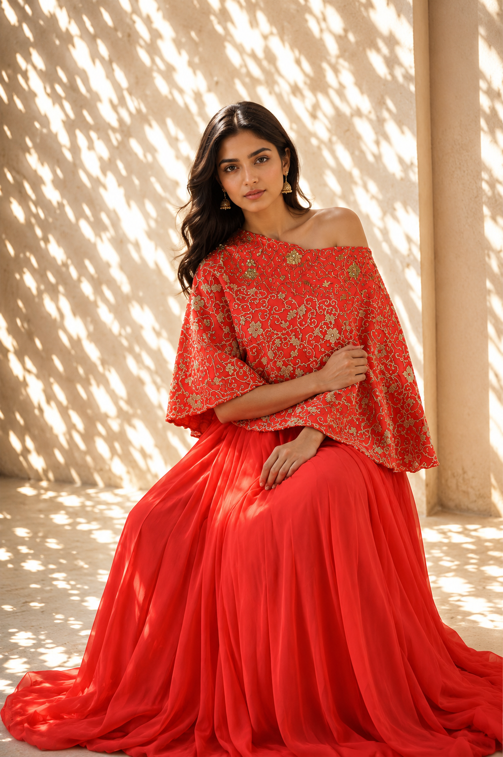 Crimson Red One-Shoulder Embroidered Cape & Gown Set