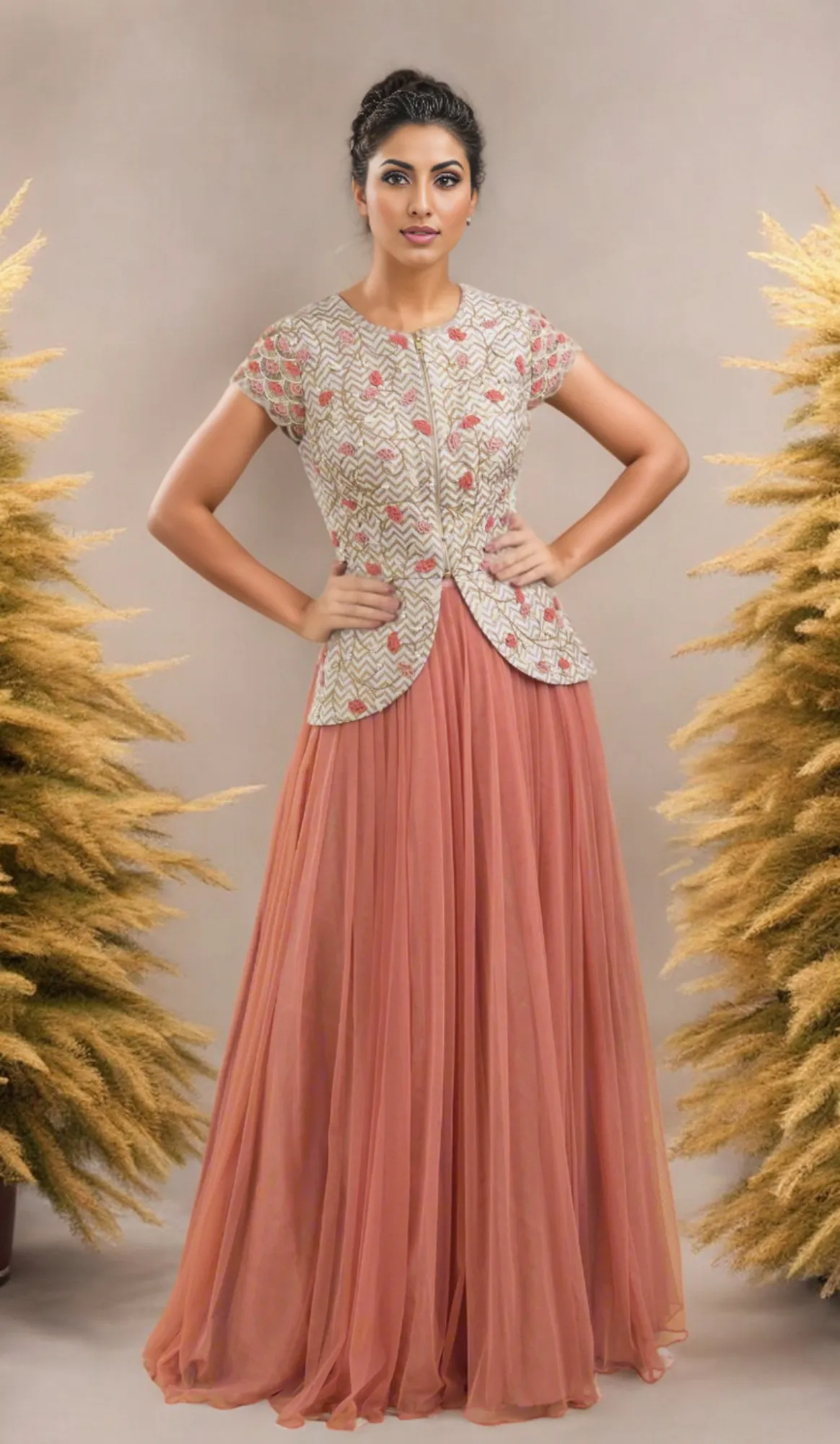 RAW SILK 3D FLOWER  GREY PEPLUM JACKET & SKIRT