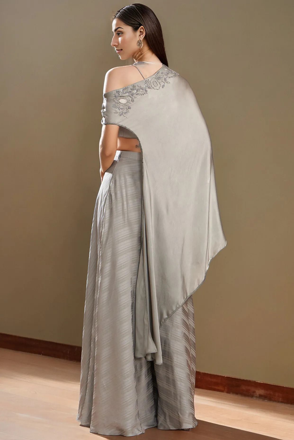 Grey Silk Satin Embroidered Off-Shoulder Cape Set