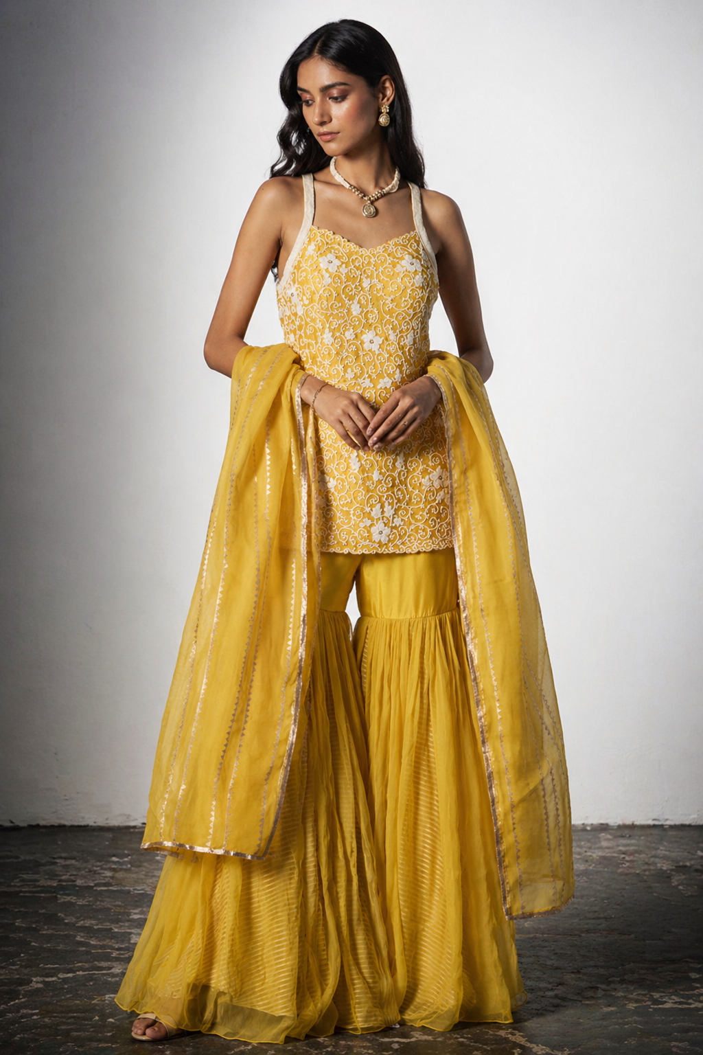 Yellow Chiffon Gharara Set