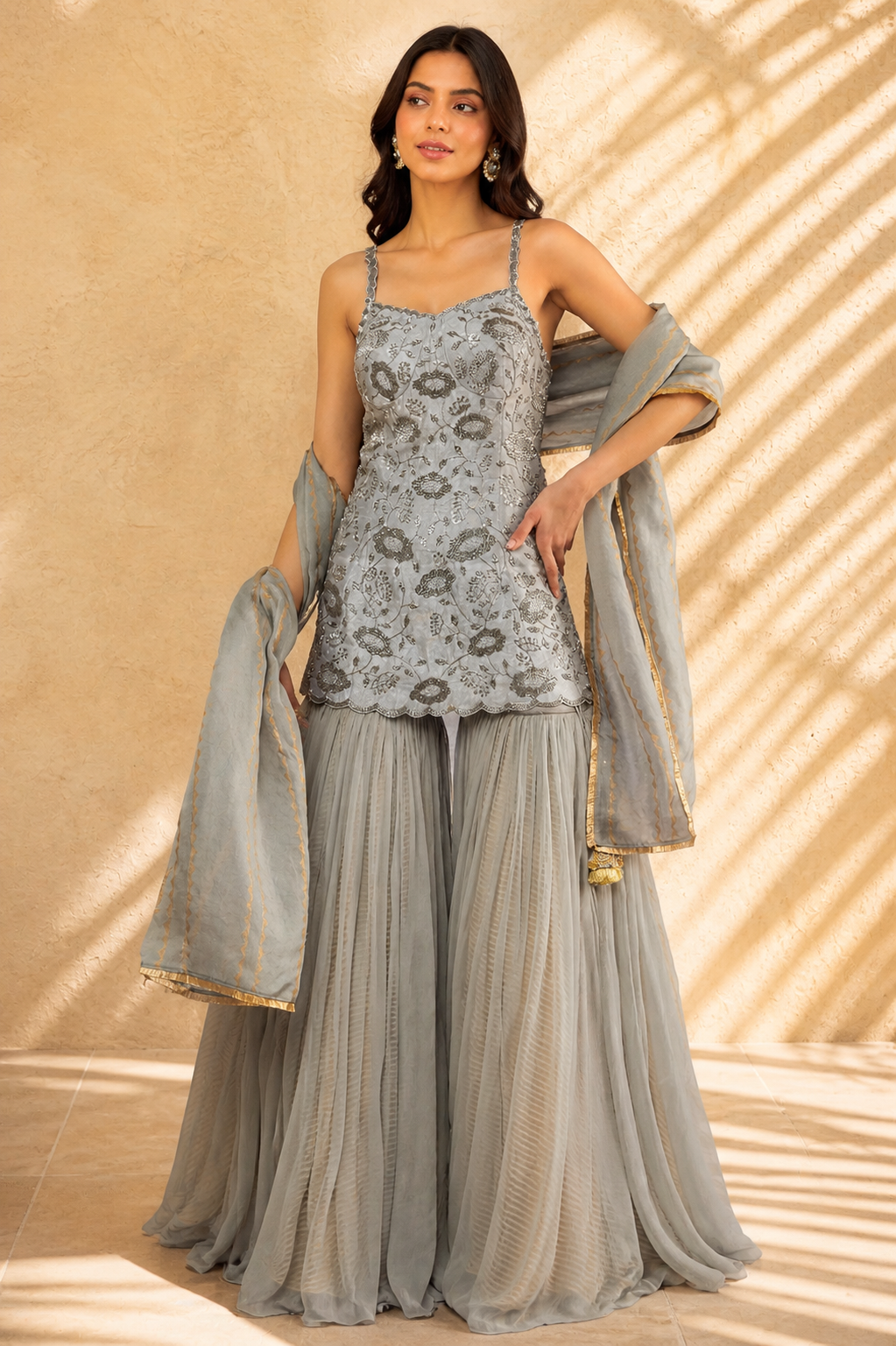 Grey Raw Silk & Chiffon Gharara Set