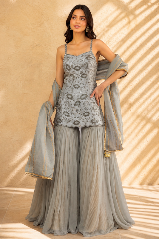 Grey Raw Silk & Chiffon Gharara Set