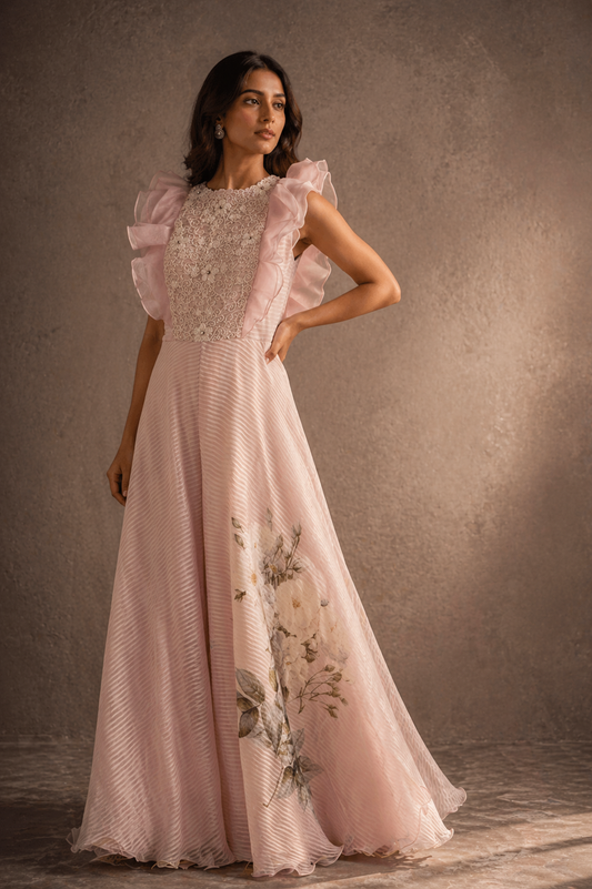 Blush Rose Ruffled Bodice Flared Jumpsuit with Botanical Print