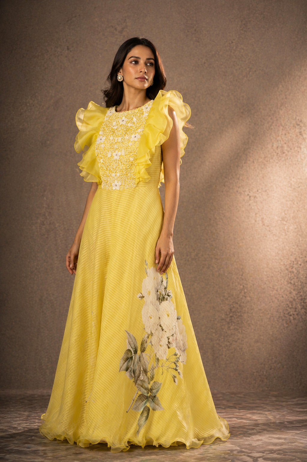 Lemon Yellow Ruffled Bodice Flared Jumpsuit with Botanical Print