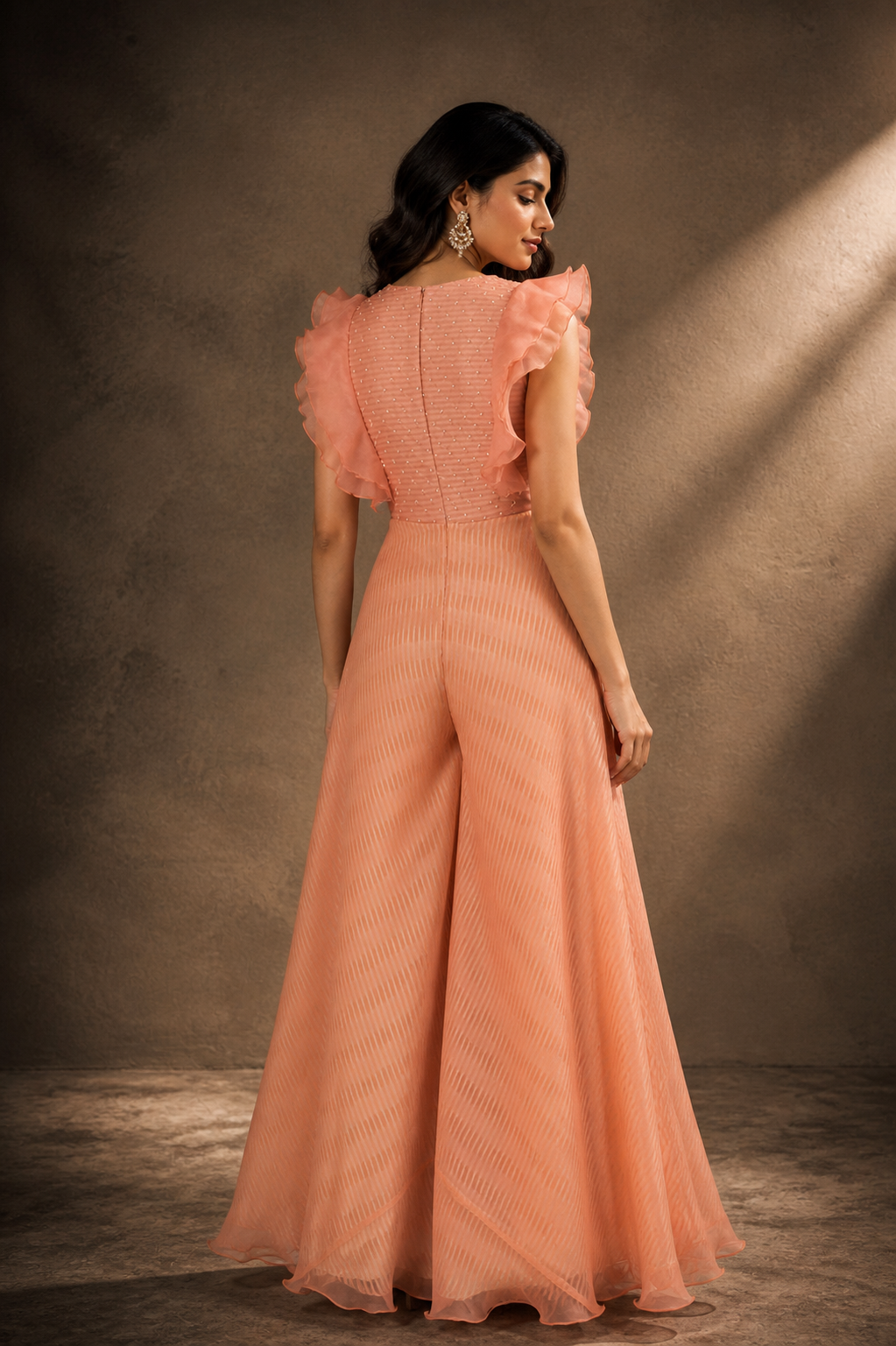 Soft Peach Embroidered Ruffle Jumpsuit