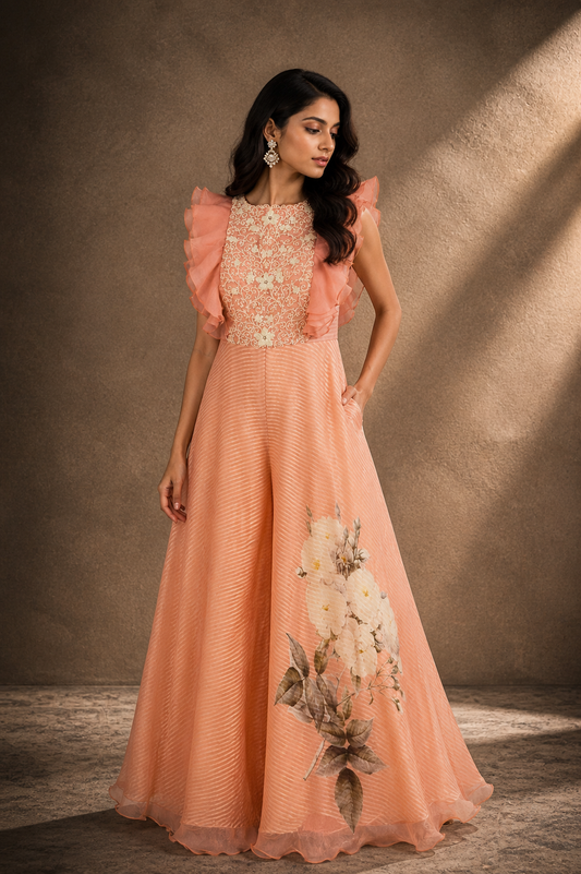 Soft Peach Embroidered Ruffle Jumpsuit