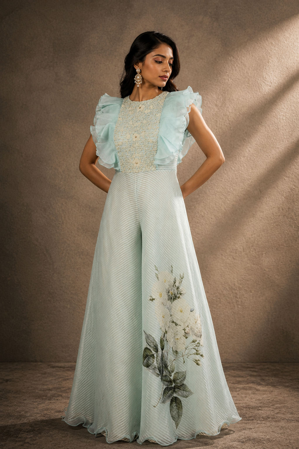 Ice Blue Embroidered Ruffle Jumpsuit