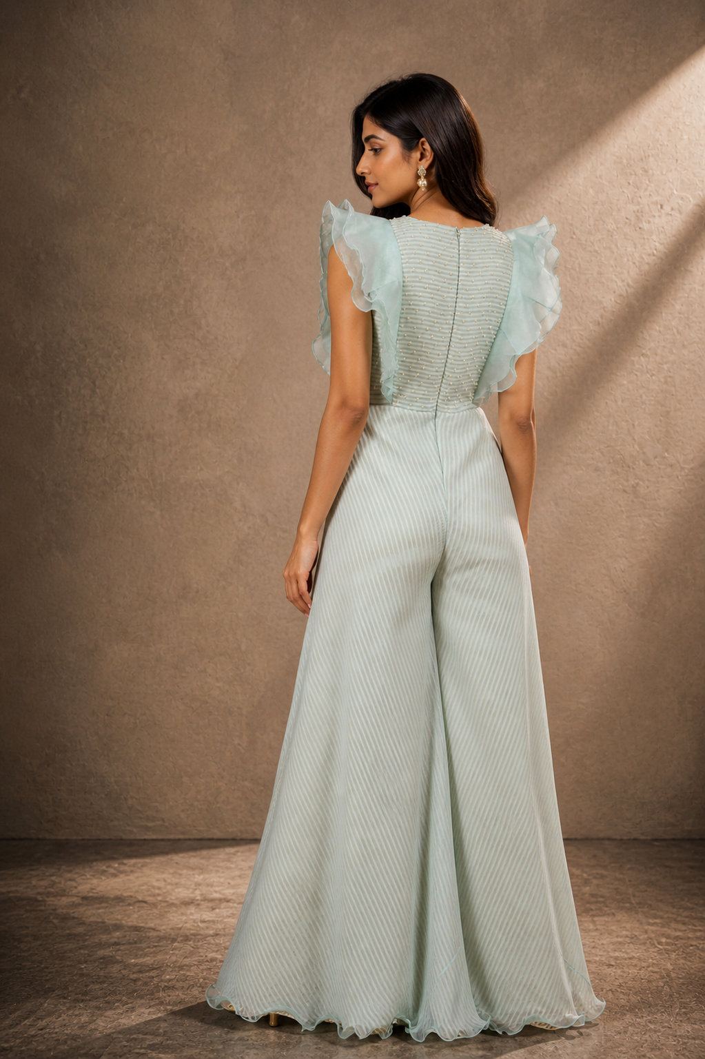 Ice Blue Embroidered Ruffle Jumpsuit