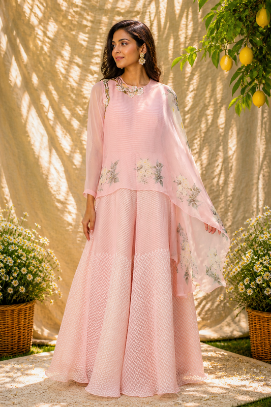 Magnolia Pink Printed Jumpsuit With Cape