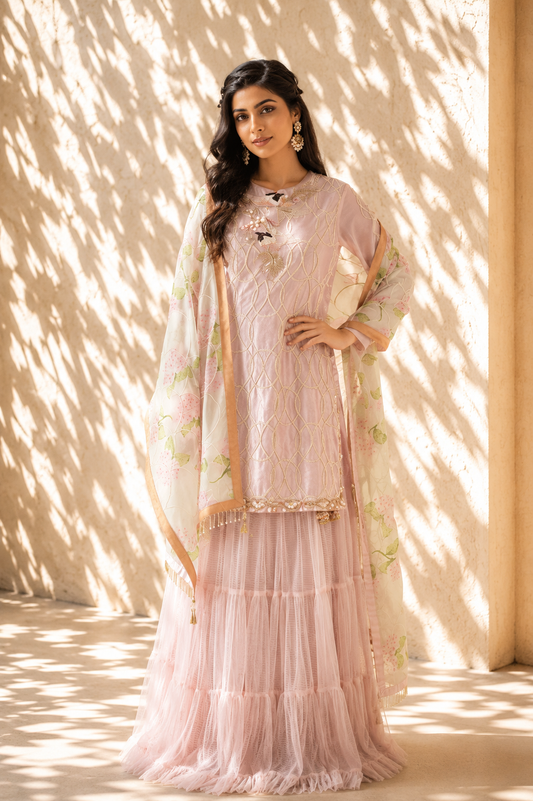 Blush Pink Bird Motif Kurta & Tiered Sharara Set