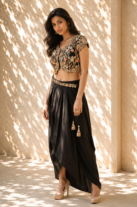 Midnight Black Embroidered Crop Top & Dhoti Skirt Set