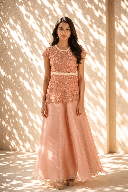Peach Terracotta Embroidered Tunic & Palazzo Set
