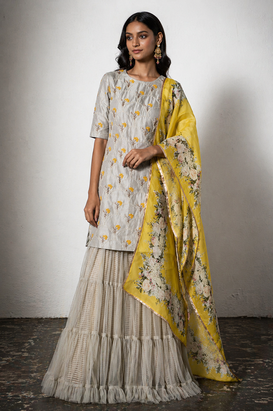Dove Grey Scalloped Kurta & Tiered Sharara Set