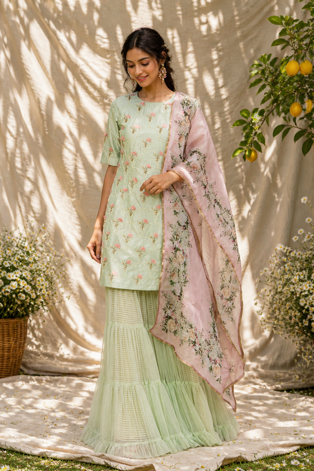 Pistachio Green Floral Embroidered Sharara Set