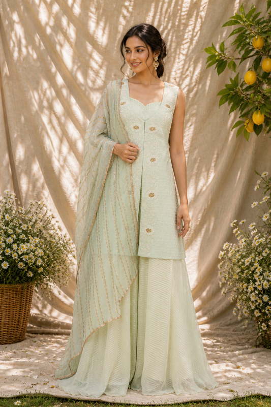 Pale Mint Embroidered Front-Slit Kurta & Palazzo Set