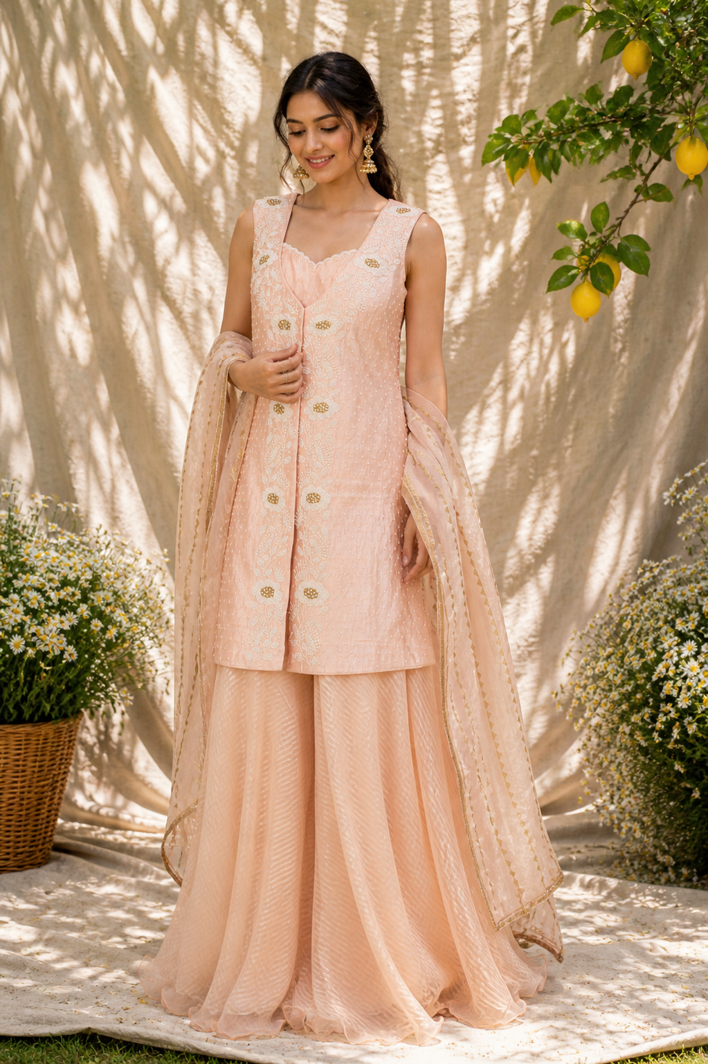Soft Peach Embroidered Front-Slit Kurta & Palazzo Set