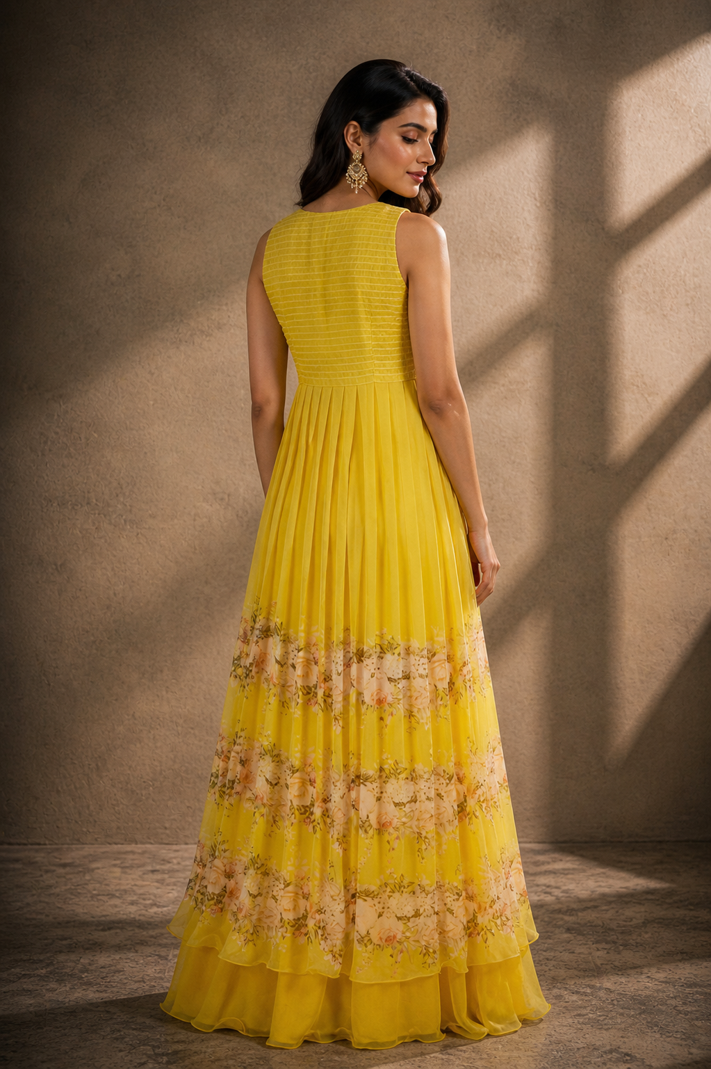 Sunshine Yellow Embellished Floral Pleated Tunic Set