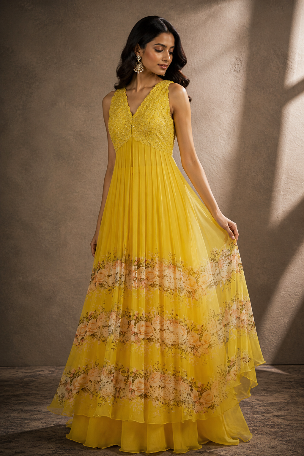 Sunshine Yellow Embellished Floral Pleated Tunic Set