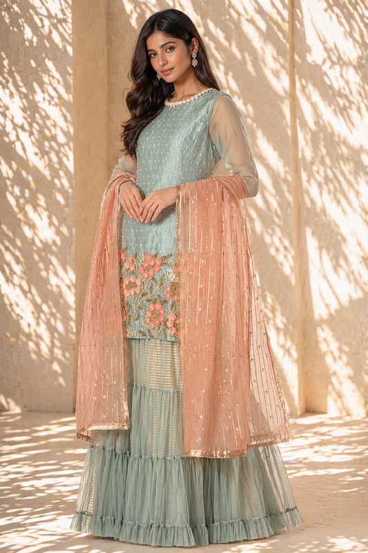 Aqua 3D Floral Kurta & Tiered Sharara Set