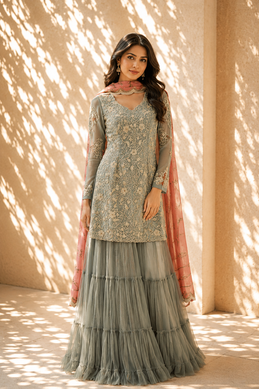 Sage Grey Embroidered Kurta & Tiered Sharara Set
