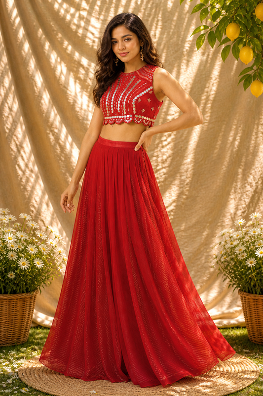 Cadmium Red Raw Silk & Chiffon Skirt Set