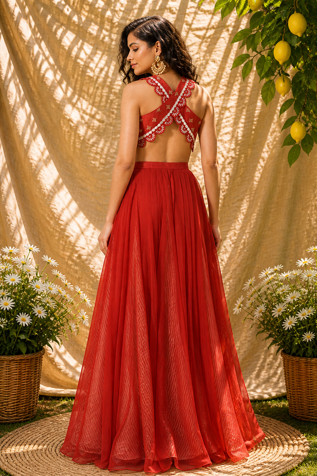 Cadmium Red Raw Silk & Chiffon Skirt Set