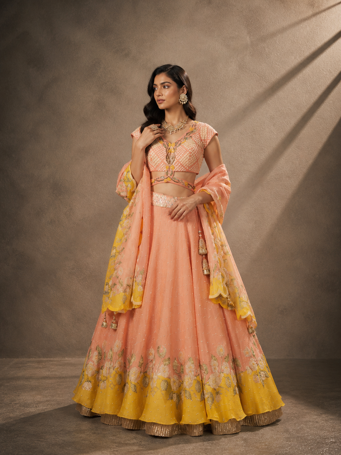 Peach & Canary Yellow Botanical Lehenga Set