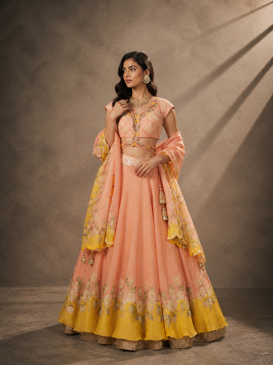 Peach & Canary Yellow Botanical Lehenga Set