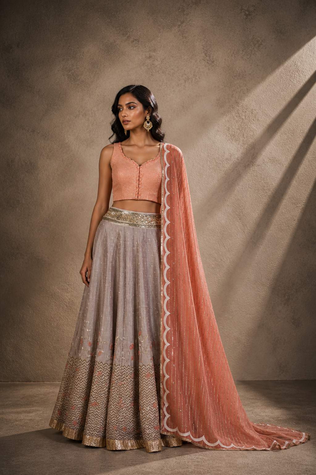 Rust & Metallic Gray Embellished Lehenga Set