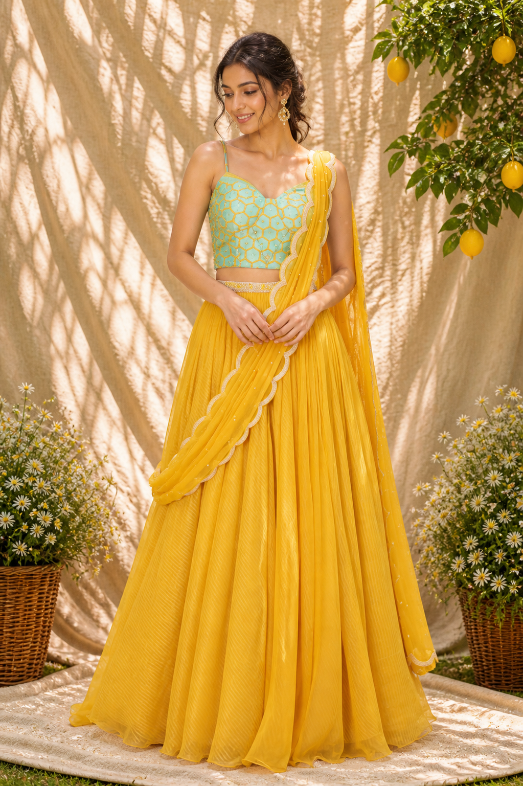 Sunshine Yellow & Aqua Pre-Draped Lehenga Set